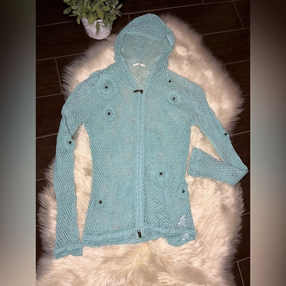 Mifresia sea green crochet hooded Long sleeve zip Up jacket Swimsuit Coverup